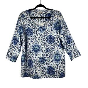Emily Daniels Top Womens Blue Medallion 3/4 Sleeve Knit Blouse Size XL